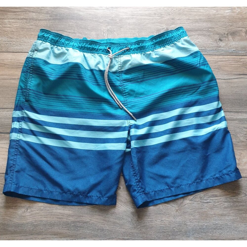 Kirkland Signature Mens Swim Trunks XL Blue Teal Striped Drawstring Elastic